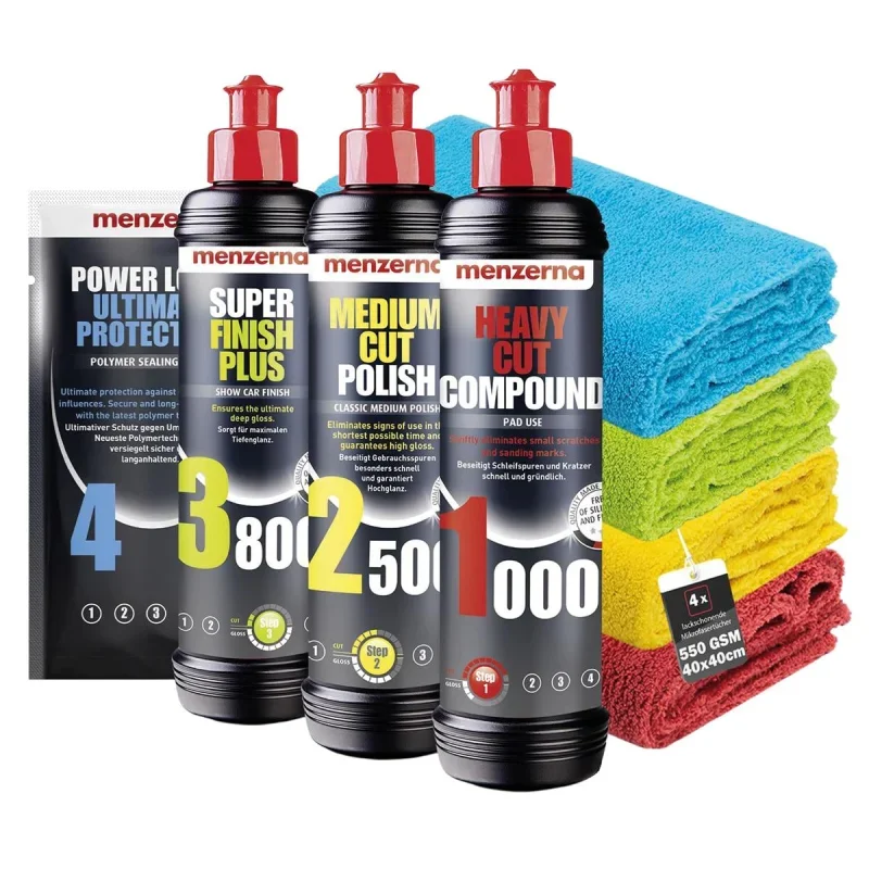 Menzerna Polituren Set: 1000, 2500, 3800 + Protection + 4x Poliertuch